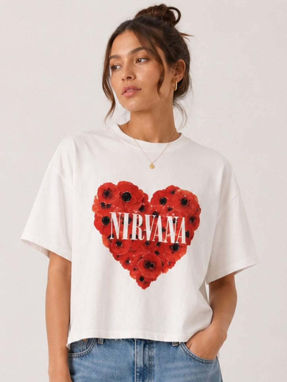 Nirvana Floral Heart Graphic Crop Tee White Large Official Band Shirt